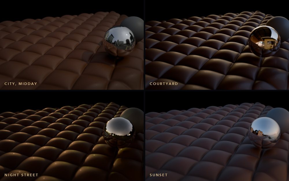 One quilted leather material shown under four lighting presets: city midday, courtyard, night street and sunset.