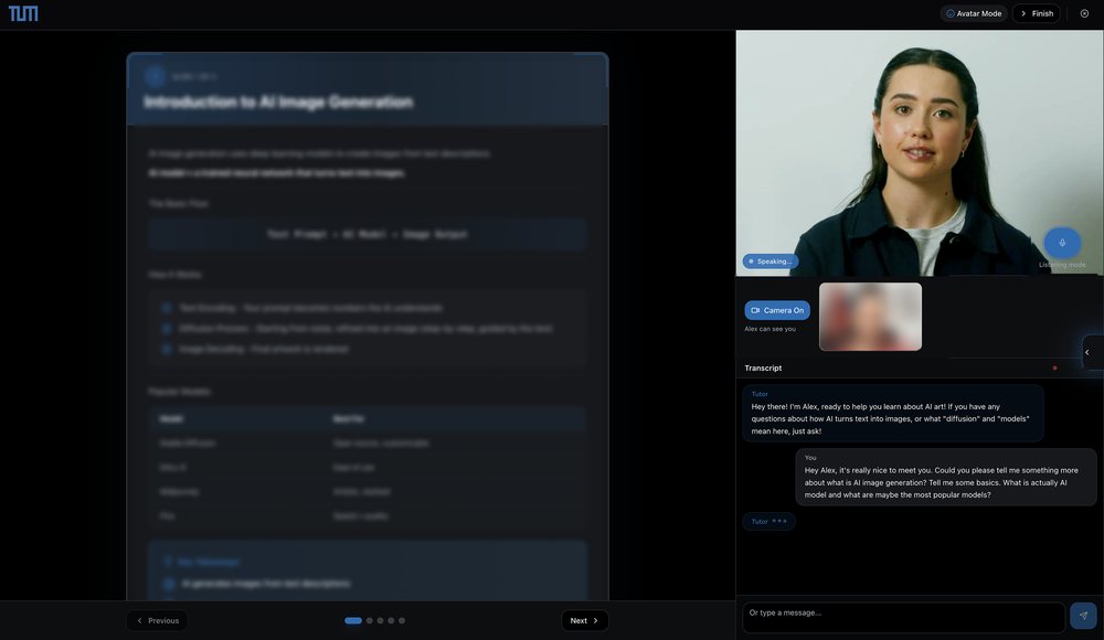The avatar tutor condition: blurred lesson slides on the left, a speaking AI avatar, the participant's blurred camera and a live transcript on the right.